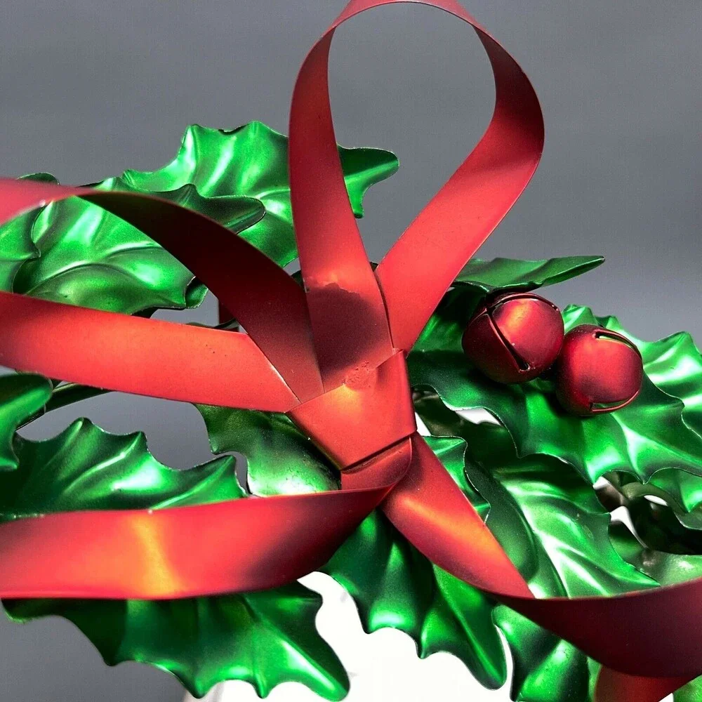 Dept. 56 Holly Bow Wreath with Metal Ribbon Bells Green Red 10 1/4 x 9 1/2